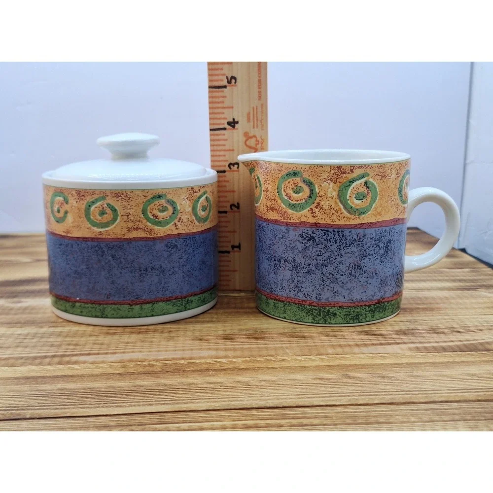 Vintage 1995 Sakura Malaga by Sue Zipkin Stoneware Creamer +‎ Sugar Bowl and Lid